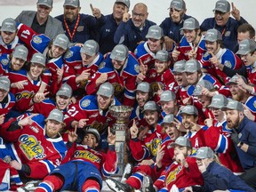 Edmonton Oil Kings pose with the Ed Chynoweth Cup after defeating the Seattle Thunderbirds 2-0 to win the Western Hockey League Championship series on Monday, June 13, 2022.