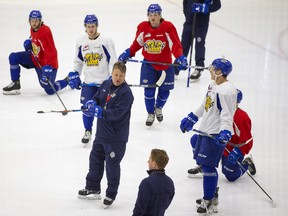 Players listen to Oil Kings head coach Brad Lauer during practice ahead of the WHL final series against the Seattle Thunderbirds. Taken on Friday, June 10, 2022 in Edmonton. Greg Southam-Postmedia