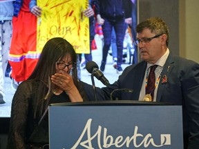 Cheryl Utchytil, whose daughter was murdered in April 2019, painfully talks about her daughter's death, as Indigenous Relations Minister Rick Wilson provides an update on the provincial government's response to the National Inquiry on Missing and Murdered Indigenous Women and Girls on Friday, June 3, 2022.