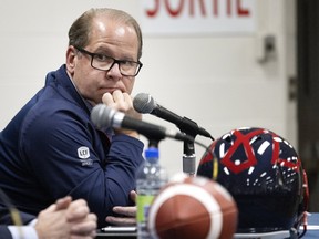Montreal Alouettes general manager Danny Maciocia takes part in a press conference in Montreal on Dec. 2, 2021.