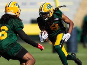 Duron Carter (8) drills during the first day of Edmonton Elks Training Camp at Commonwealth Stadium in Edmonton on May 15, 2022.