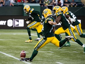 Edmonton Elks’ Sergio Castillo (14) kicks the ball against the Calgary Stampeders during first half CFL action at Commonwealth Stadium in Edmonton on July 7, 2022.