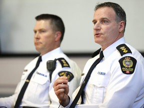 (left to right) RCMP Superintendent Gordon Corbett and Edmonton Police Service (EPS) Superintendent Dean Hilton provides an update on security planning and how the Pope's upcoming visit to Alberta will impact the public during his four-day pilgrimage, during a press conference in Edmonton, Thursday July 14, 2022. Photo By David Bloom