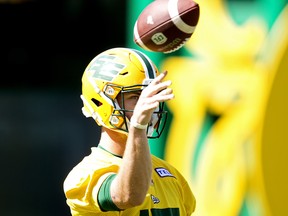 Quarterback Taylor Cornelius (15) takes part in an Edmonton Elks practice at Commonwealth Stadium in Edmonton on Tuesday, July 19, 2022.