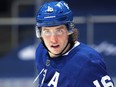 Mitchell Marner of the Toronto Maple Leafs waits for a faceoff against the Montreal Canadiens during an NHL game at Scotiabank Arena on April 7, 2021 in Toronto, Ontario, Canada.