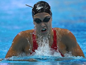 Canada's Mary-Sophie Harvey competes in the women's 200m medley semifinals during the Budapest 2022 World Aquatics Championships at Duna Arena in Budapest on June 18, 2022.