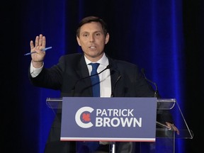 Conservative leadership hopeful Patrick Brown takes part in the Conservative Party of Canada French-language leadership debate in Laval, Quebec on Wednesday, May 25, 2022.&ampnbsp;According to a spokesman for Brown his supporters believe the best choice for federal Conservative leader is Jean Charest now that Brown is out of the race.