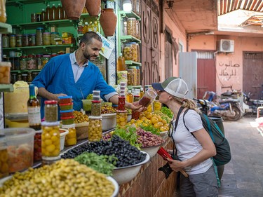 Pamela Roth stops to sample some exotic smells in one of the many markets found in Marrakech.