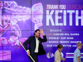 Duncan Keith waves goodbye following a press conference where he announced his retirement from the NHL after 17 seasons, in Edmonton Tuesday July 12, 2022.