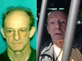 U.S. fugitive Louis Flood in a mugshot from two decades ago and after his arrest in Creston, B.C. in July 2022. He was a wanted sex offender who disappeared from Idaho while on parole in 2001.