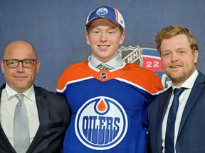Reid Schaefer after being selected as the number thirty-two overall pick to the Edmonton Oilers in the first round of the 2022 NHL Draft at Bell Centre.