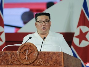 This picture taken on July 27, 2022 and released by North Korea's official Korean Central News Agency (KCNA) on July 28 shows North Korean leader Kim Jong Un delivering a speech at the 69th anniversary of the victory in the Korean War in Pyongyang.