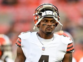 Deshaun Watson of the Cleveland Browns looks on prior to a preseason game against the Chicago Bears at FirstEnergy Stadium on August 27, 2022 in Cleveland, Ohio.