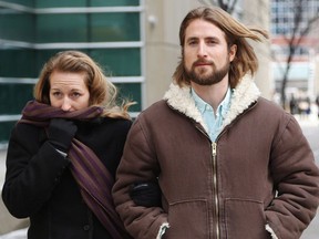 David and Collet Stephan leave for a break during their appeals trial in Calgary, on March 9, 2017.