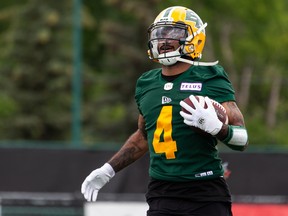 Edmonton Elks returner Charles Nelson (4), pictured in practice June 22, 2022, was released by the club ahead of Tuesday's practice.