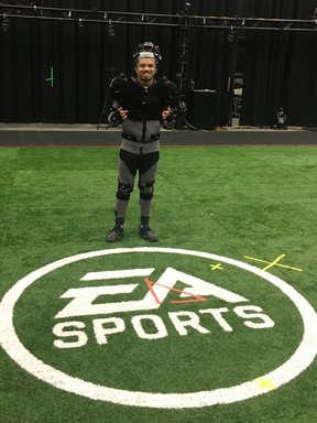 Edmonton Elks running backs coach Jordan Linnen appears at EA Sports headquarters in his hometown of Vancouver, where he has worked as a motion-capture model in the last six editions of the Madden video-game franchise.