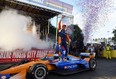 NTT IndyCar driver Scott Dixon (9) celebrates after winning the Music City Grand Prix Aug. 7, 2022 in Nashville.