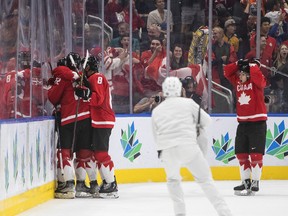 Canada celebrates a goal against Czechia during first period IIHF World Junior Hockey Championship action in Edmonton on Saturday, Aug. 13, 2022.