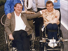Cam Tait and Rick Hansen in 1986 outside Clarenville, N.L.