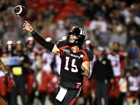 Ottawa Redblacks quarterback Nick Arbuckle (19) throws the ball during second half CFL football action against the Calgary Stampeders in Ottawa on Friday, Aug. 5, 2022.