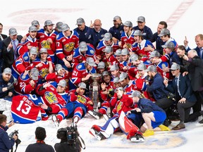 Edmonton Oil Kings pose with the Ed Chynoweth Cup after defeating the Seattle Thunderbirds 2-0 to win the Western Hockey League Championship series on Monday, June 13, 2022 in Edmonton.