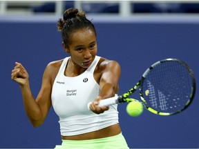 Leylah Fernandez of Canada plays a forehand against Liudmila Samsonova in their Women's Singles Second Round match on Day Three of the 2022 US Open at USTA Billie Jean King National Tennis Center on August 31, 2022 in the Flushing neighborhood of the Queens borough of New York City.