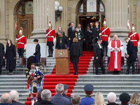 An outdoor memorial ceremony for Queen Elizabeth II takes place at the Alberta Legislature grounds on Monday, Sept. 19, 2022. The ceremony included remarks from Lt.-Gov. Salma Lakhani, Premier Jason Kenney and a 96-gun salute.