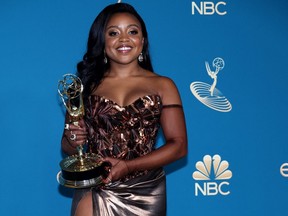 Quinta Brunson, winner of Outstanding Writing for a Comedy Series for "Abbott Elementary" holds her Emmy at the 74th Primetime Emmy Awards held at the Microsoft Theater in Los Angeles, Sept. 12, 2022.