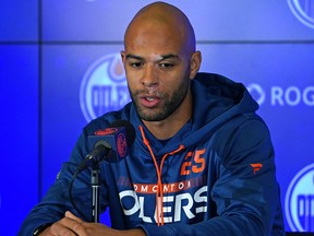 Edmonton Oilers defenceman Darnell Nurse answers questions from the media after training camp at Rogers Place in Edmonton on Wednesday, Sept. 21, 2022.