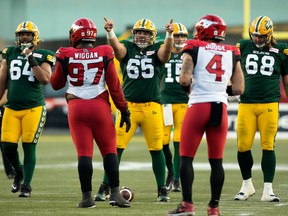 The Edmonton Elks' Mark Korte (65) lines up against the Calgary Stampeders' c during first half CFL action at Commonwealth Stadium in Edmonton, Saturday Sept. 10, 2022. Photo By David Bloom