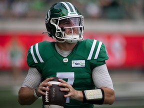 Saskatchewan Roughriders quarterback Cody Fajardo (7) warms up before the Labour Day Classic game pitting the Saskatchewan Roughriders against the Winnipeg Blue Bombers at Mosaic Stadium on Sept. 4, 2022 in Regina.