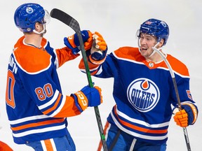 Edmonton Oilers Markus Niemelainen (80) celebrates his goal with teammate Dylan Holloway (55) against the Winnipeg Jets during first period preseason NHL action on Sunday, Sept. 25, 2022 in Edmonton. Greg Southam-Postmedia