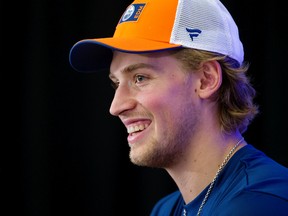 Dylan Holloway speaks to the media during the first day of Edmonton Oilers rookie camp at Rogers Place on Sept. 14, 2022.