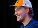 Dylan Holloway speaks to the media during day one of Edmonton Oilers rookie camp at Rogers Place on September 14, 2022.