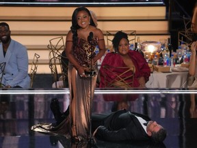 Quinta Brunson and Jimmy Kimmel at the Emmy Awards in Los Angeles, Sept. 12, 2022.