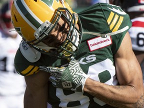 Edmonton Elks slotback Kenny Lawler (89) is injured after making a catch against the Montreal Alouttes at Commonwealth stadium in Edmonton on Saturday, Oct. 1, 2022.