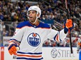 Oct 26, 2022; St. Louis, Missouri, USA;  Edmonton Oilers defenseman Darnell Nurse (25) reacts after scoring against the St. Louis Blues during the first period at Enterprise Center. Mandatory Credit: Jeff Curry-USA TODAY Sports