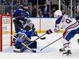 Edmonton Oilers center Ryan Nugent-Hopkins (93) shoots and scores Wednesday, Oct. 26, 2022, against St. Louis Blues goaltender Jordan Binnington (50) during the third period at Enterprise Center.