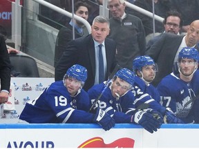 Toronto Maple Leafs head coach Sheldon Keefe watches the play against the Arizona Coyotes during the third period at the Scotiabank Arena.