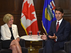 Then Alberta Premier Rachel Notley meets with Prime Minister Justin Trudeau at the Fairmont Hotel Macdonald in Edmonton on Sept. 5, 2018.