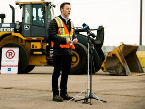 Craig McKeown, branch manager of parks and roads services, speaks about the city's strategy for snow removal and ice control this winter during a news conference at the City of Edmonton Southwest District Yard on Thursday, Oct. 27, 2022.