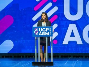 Danielle Smith speaks at UCP annual general meeting on Saturday, Oct. 22, 2022 at the River Cree Resort and Casino.