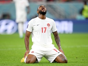 Cyle Larin of Canada reacts after missing a achance during the FIFA World Cup Qatar 2022 Group F match between Belgium and Canada at Ahmad Bin Ali Stadium on November 23, 2022 in Doha, Qatar.