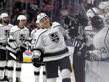 The Los Angeles Kings' Trevor Moore (12) celebrates the team's first period goal against the Edmonton Oilers at Rogers Place in Edmonton, Wednesday Nov. 16, 2022.