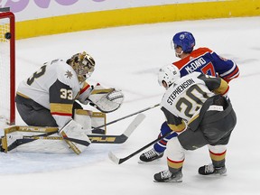 Oilers Connor McDavid scores the overtime goal against Vegas Golden Knights goaltender Adin Hill at Rogers Place on Saturday night. Mandatory Credit: Perry Nelson-USA TODAY Sports