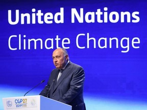 Sameh Shoukry, President of the UNFCCC COP27 climate conference, speaks at the conference in Sharm El Sheikh, Egypt, Friday, Nov. 11, 2022.