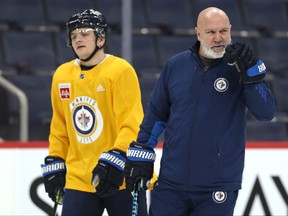 Assistant coach Charlie Huddy on the ice at Winnipeg Jets practice on Tues., April 26, 2022.