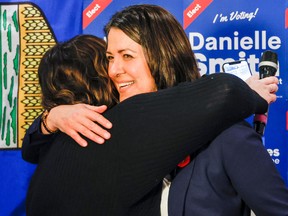 Alberta Premier Danielle Smith celebrates her win in a byelection in Medicine Hat, Tuesday, Nov. 8, 2022.
