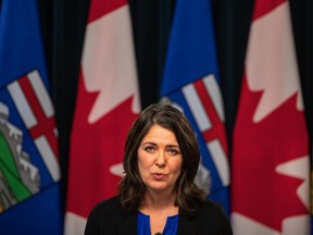 Alberta Premier Danielle Smith speaks at a press conference after the Speech from the Throne in Edmonton, on Tuesday, Nov. 29, 2022.