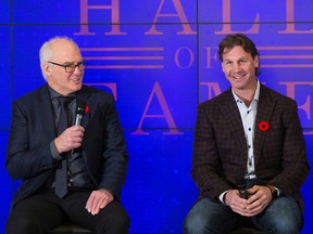 Edmonton Oilers inaugural Hall of Fame inductees Lee Fogolin, left, and Ryan Smyth take part in a news conference at Rogers Place in Edmonton on Wednesday, Nov. 2, 2022.